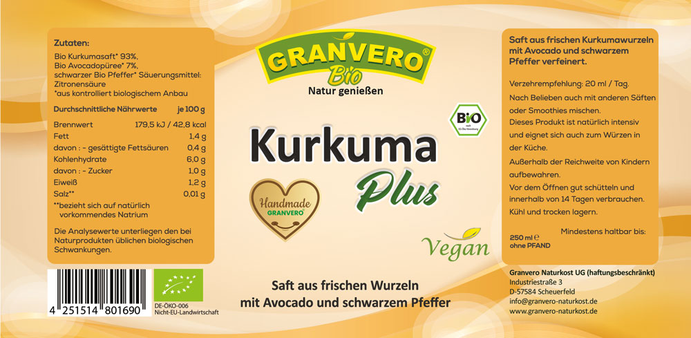 Bild 1 von Granvero® Bio Kurkuma Plus, 100% Direktsaft, 2 x 250 ml